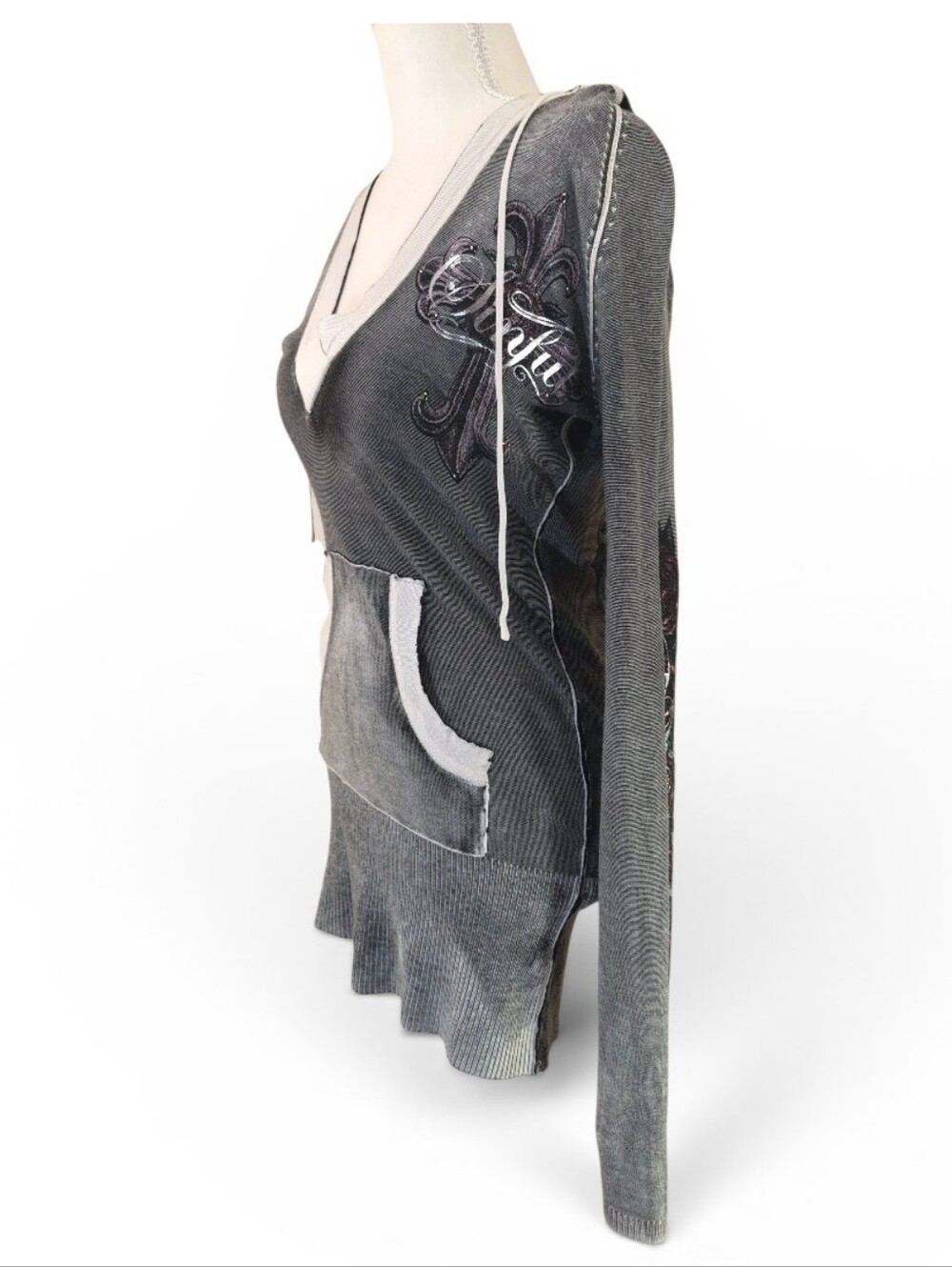 Sinful Affliction Women's Gray V-neck Hoodie Pullover Sweater - Sz Medium - Picture 2 of 8